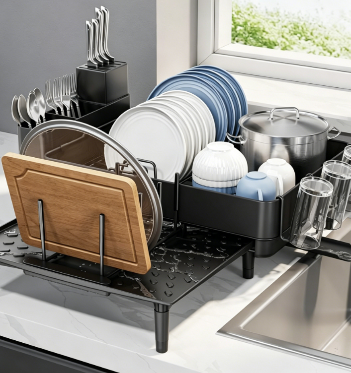 Telescopic Dish Rack (with Drip Tray) — Stainless Steel Cutlery Organizer
