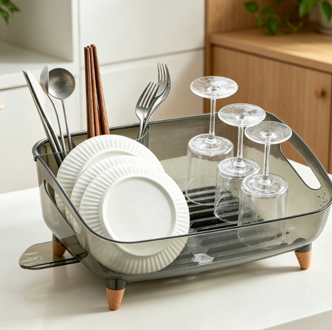 Dish Rack Set (with Drip Tray) — Kitchen Dish & Bowl Organizer (Translucent Black)